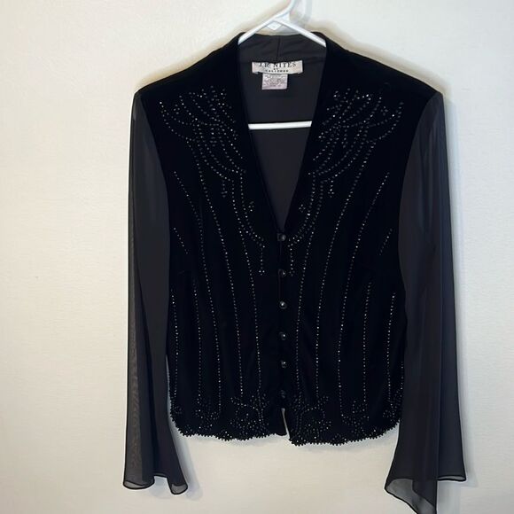 J.R. Nites flared sheer long sleeve button up velvet rhinestone top size 14 - Picture 1 of 11